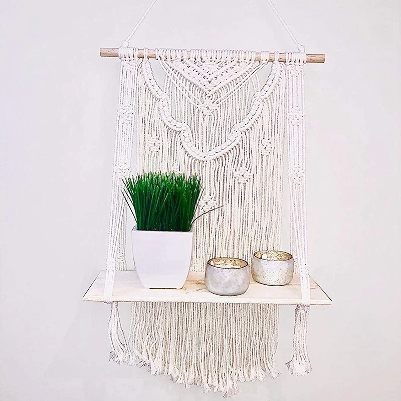 

Macrame Wall Mount with Floating Wooden Shelf Handmade Tel Shelf for Hanging Plants and Decoration