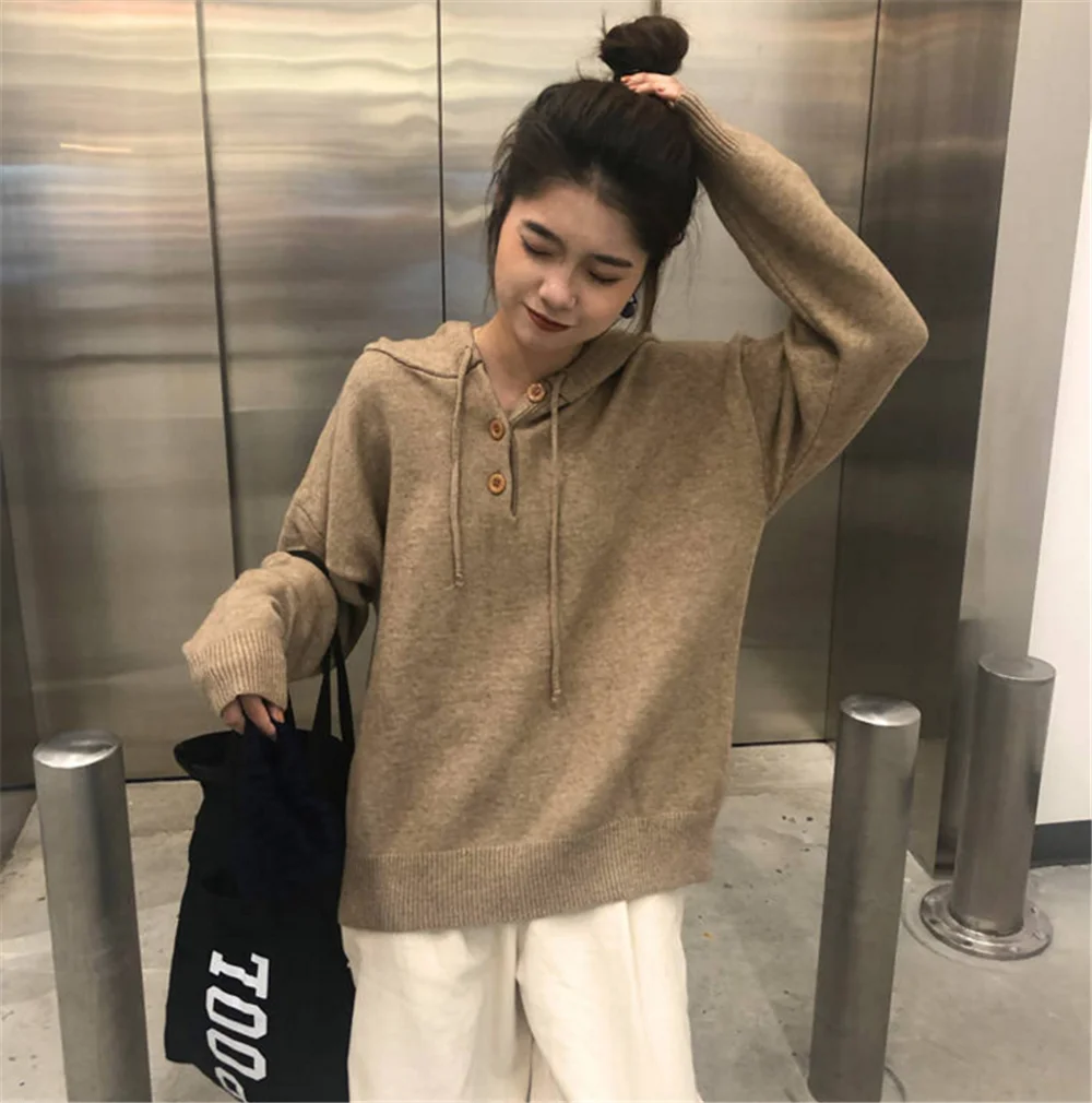 Women Sweater Spring Autumn Long Sleeve Solid Hooded Knitted Casual Pullover Plus Size Soft Jumpers sweter mujer | Женская одежда