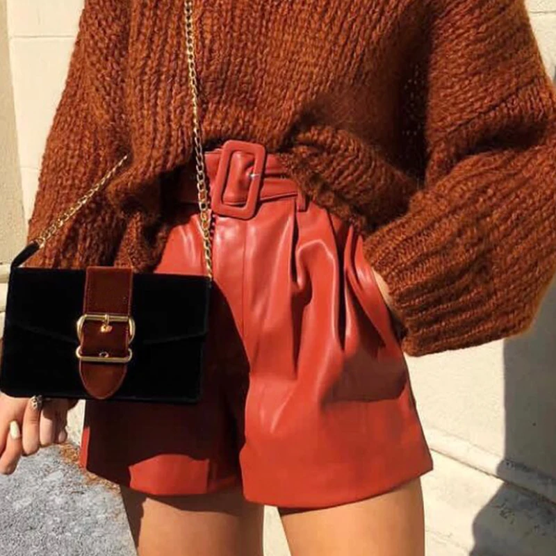 Женские шорты из искусственной кожи с высокой талией женские на осень и зиму