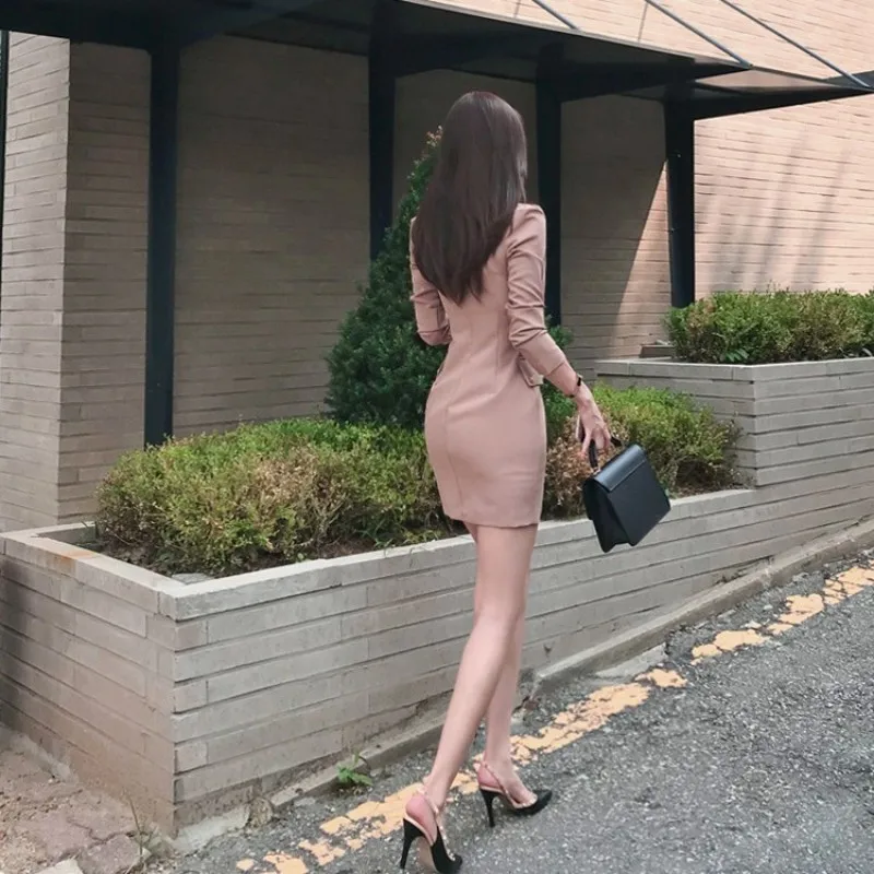 Korean Office Ladies Slim Fit V Neck Blazer Dress Women Double Breasted Sexy Wrap Mini Outwear Suit Party Bodycon Vestidos | Женская