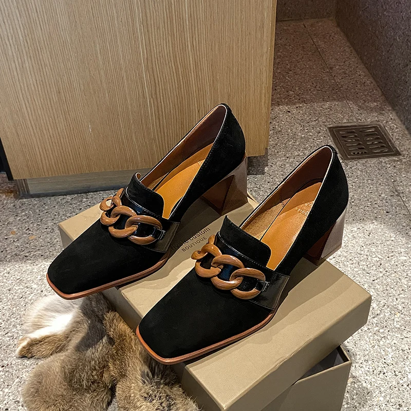 

Genuine Leather Square Toe Shoes Woman 2021 Trend Shallow High Heels Pumps Summer Square Toe Working Shoes Woman