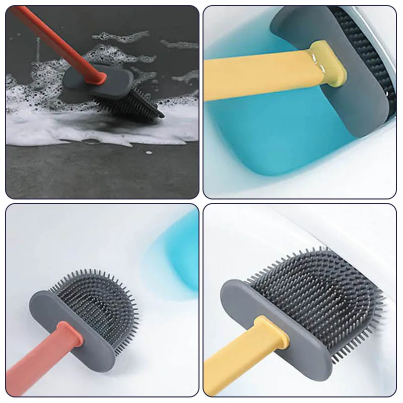 

Silicone Toilet Brush Flat Head Flexible Bristles Brush With Quick Drying Holder Set Creative Clean Brush Set Bathroom Supplies