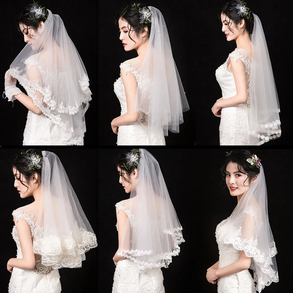 

YUNUO Simple Tulle Wedding Bridal Veil Without Comb Lace Edge Veils Ivory Applique Elbow Length фата для невесты mariage