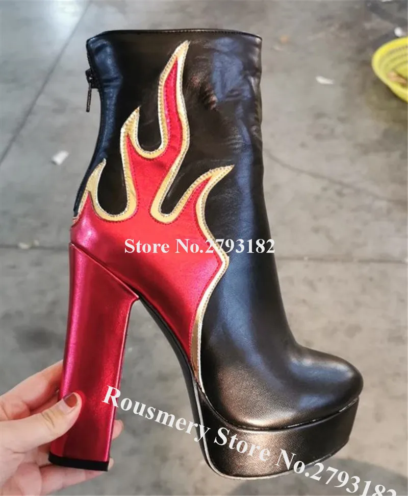 Новинка Модные женские короткие ботинки на массивном каблуке с принтом пламени