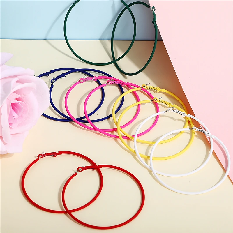 Женские круглые серьги кольца большие Разноцветные красного зеленого синего