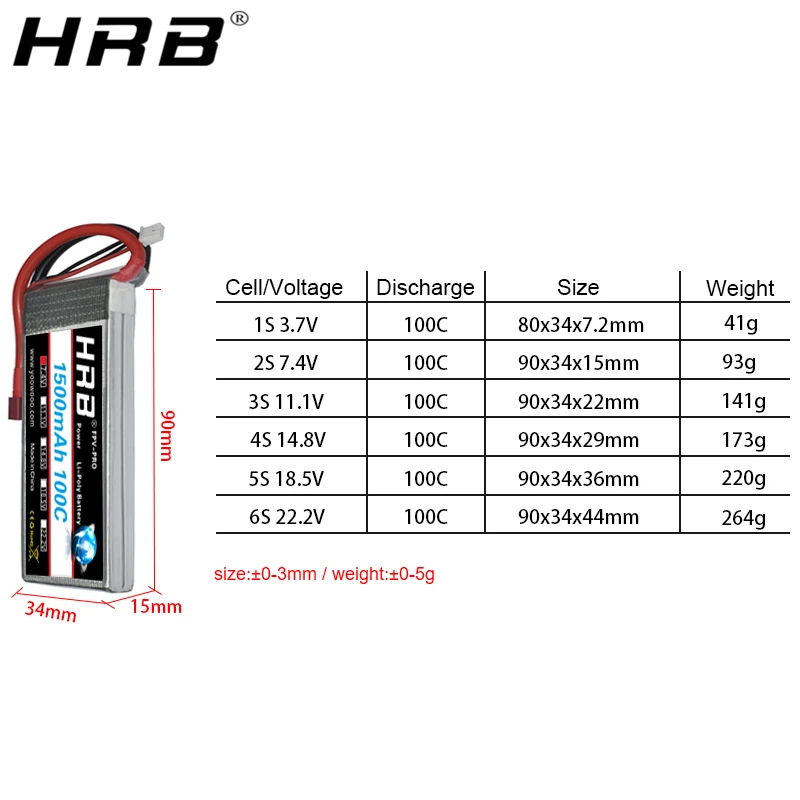 hrb 1500mah lipo батарея 74 v 111 v 148 v 185 v 222 v xt60 deans t plug 1s 2s 3s 4s 5s 6s 100c rc fpv drone