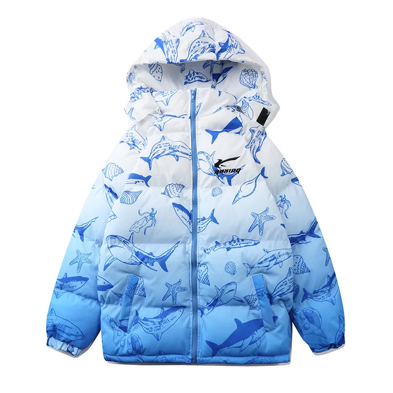 

Hip Hop Warm Padded Jackets Parkas Mens Gradient Shark Printed Streetwear Jacket Harajuku 2020 Winter Parka Coat Outwear WQ274
