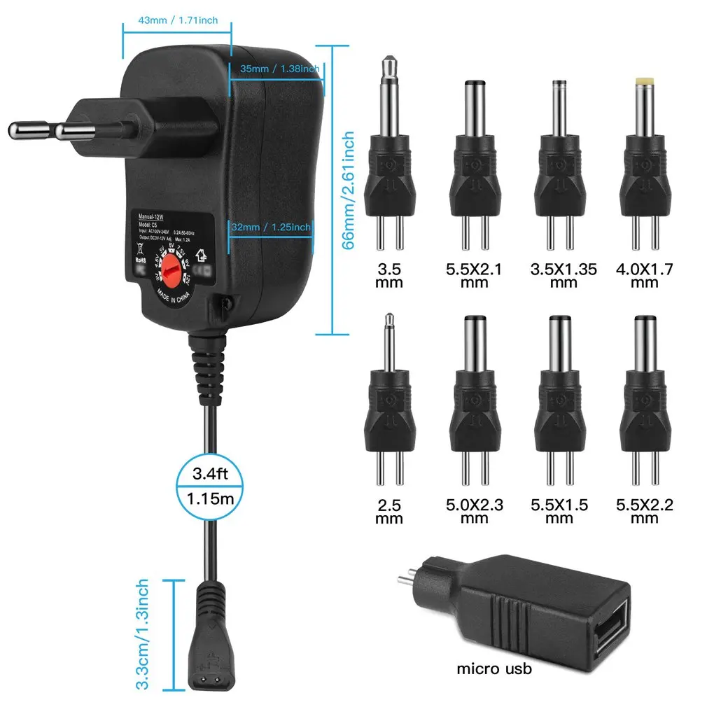 

3-12V 12W Adjustable Power Supply with DC USB Tips Multifunction Charger Portable Voltage Regulator Switch Power Adapter