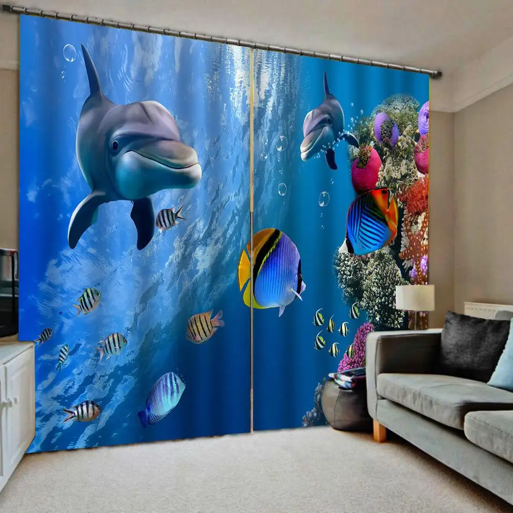 

Custom 3D Curtain Printing underwater world dolphin Kids Room Curtains Blackout Bedroom Living Room Drapes