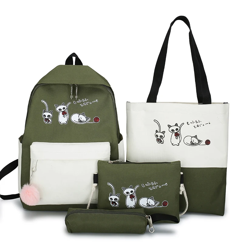 4Pcs/Set Travel Casual Oxford Letter Backpack Preppy Style Cute School Bags For Teenage Girls Women Cat Book Bag Rucksack Dame - Цвет: Green-P
