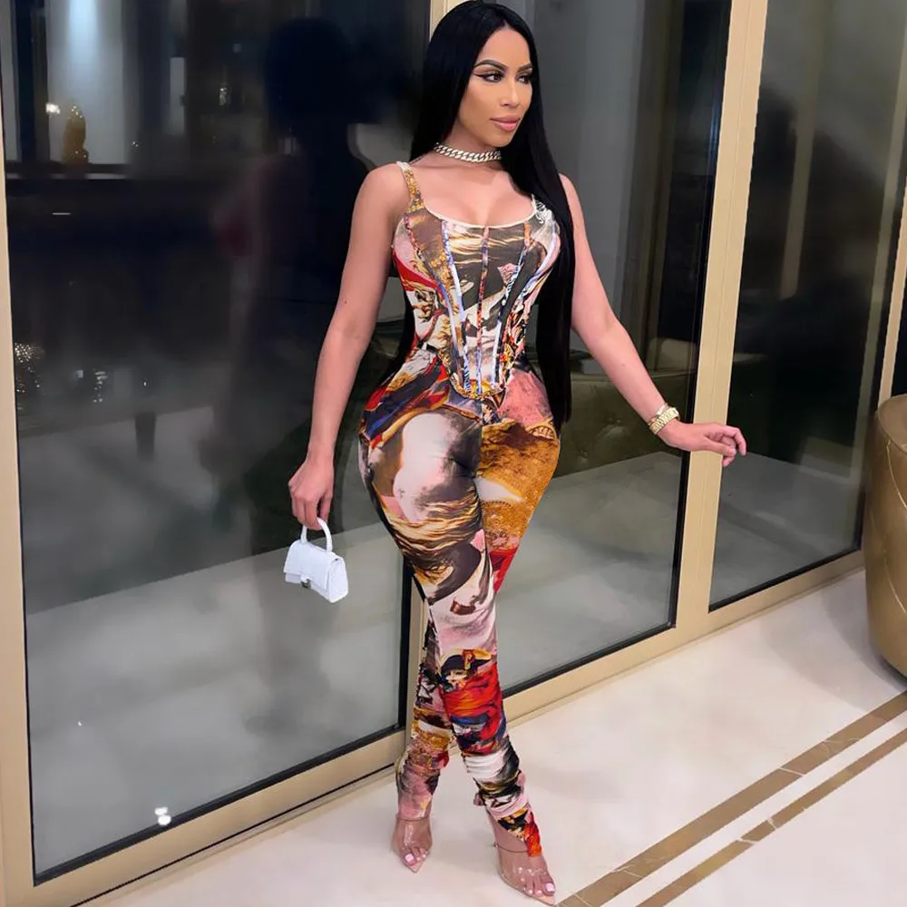 

Aesthetic Print Slim Rompers Womens Jumpsuit Hipster Little Cleavage Sleeveless Stacked Catsuit Streetwear One Piece Bodysuits