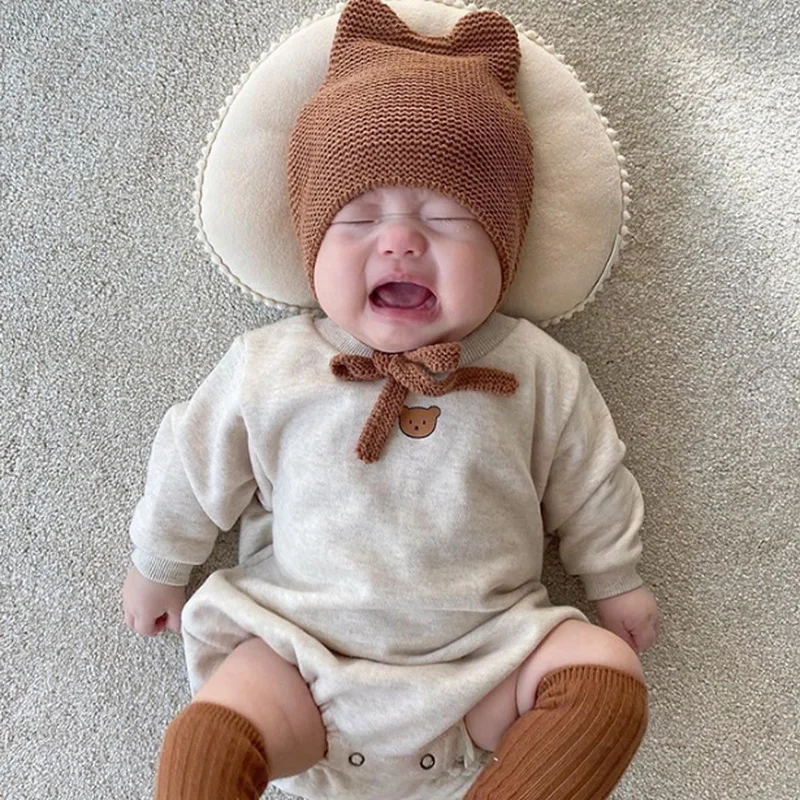 Conjuntos de oto&ntilde;o para beb&eacute;s y ni&ntilde;os de estilo coreano, Body a rayas de oso de manga larga + Pantalones de calcet&iacute;n ajustados, trajes para ni&ntilde;os E402, novedad de 2021-3