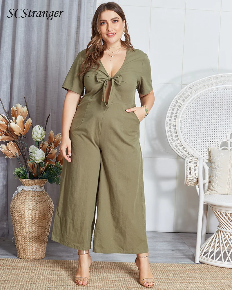 

SCStranger Jumpsuit Women Fashion Sexy Solid Color Bow Wrapped Chest Short Sleeved High Waist Wide Barreled Trousers Jumpsuit