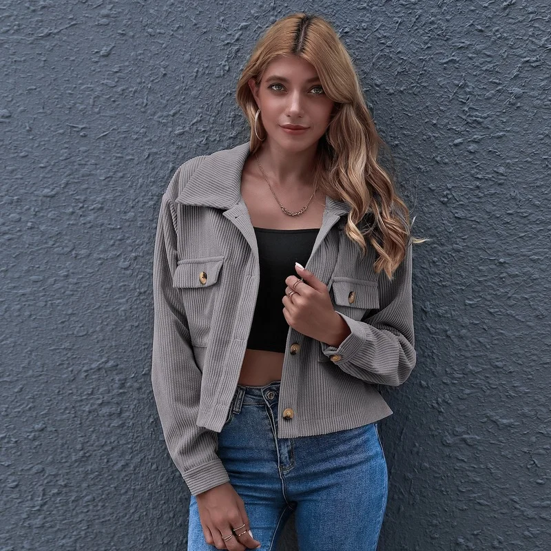 

Europe 2021 New Fashion Corduroy Jacket for Women's Clothing Casual Full Solid Turn-down Collar Single Breasted Women Tops
