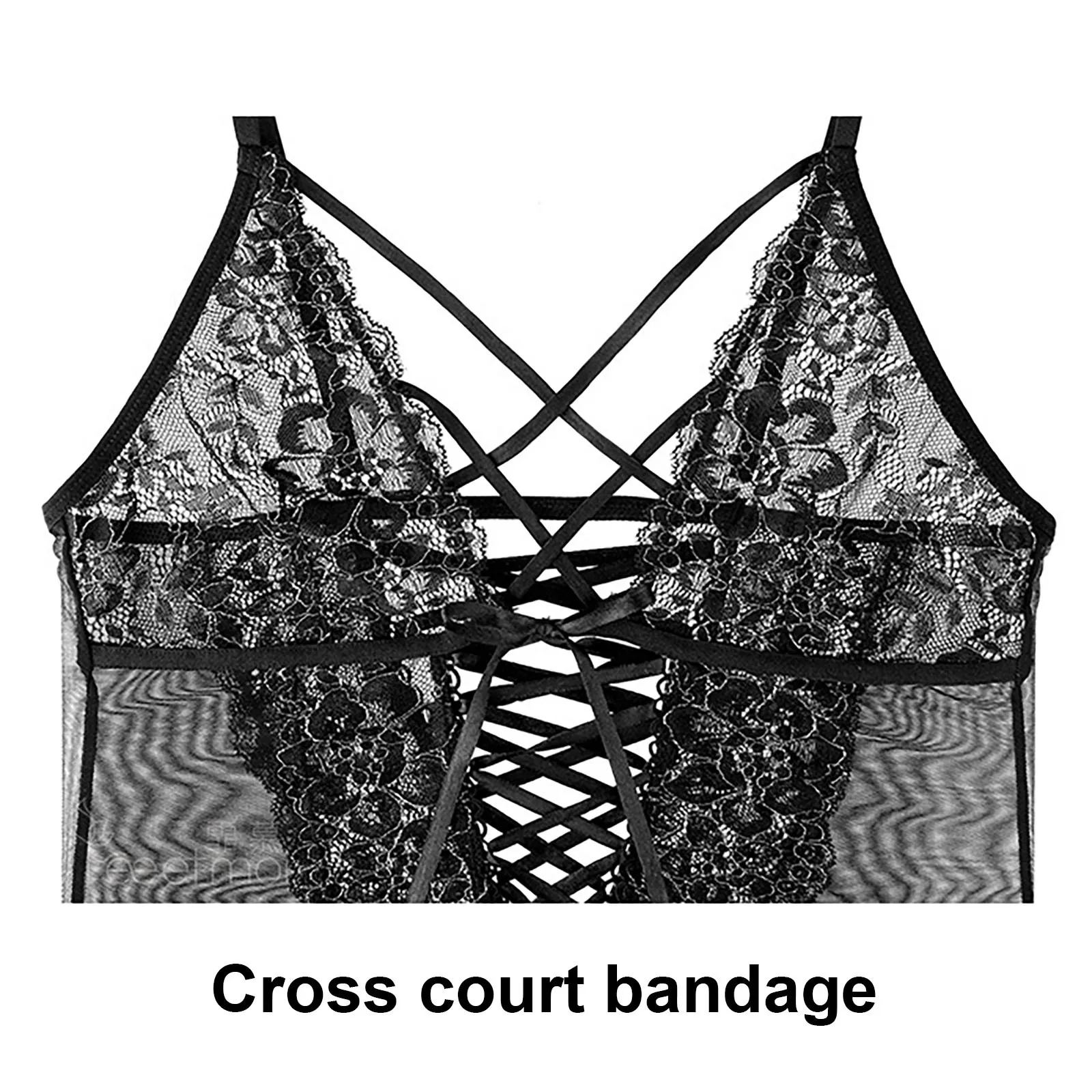 

Women Sexy Mesh Lace Soft Yarn Cross Straps Gathered Nightdress Lingerie Dress Underpwear Pajamas
