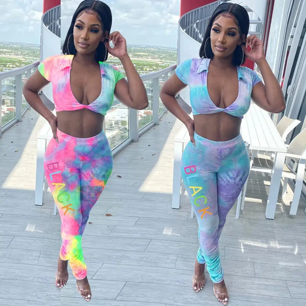 

Adogirl Women Black Letter Tie Dye Print Two Pieces Set Sexy Crop Tops Stacked Pencil Pants Suit Tracksuits Sport Outfits
