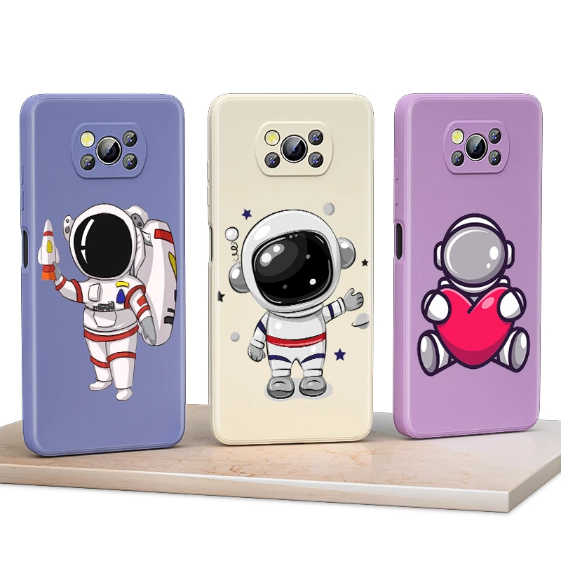 

Cute Cartoon Astronaut Love for Xiaomi Poco F3 GT X3 NFC M3 C3 M2 X2 Pro 5G Liquid Silicone Soft Cover Shockproof Phone Case