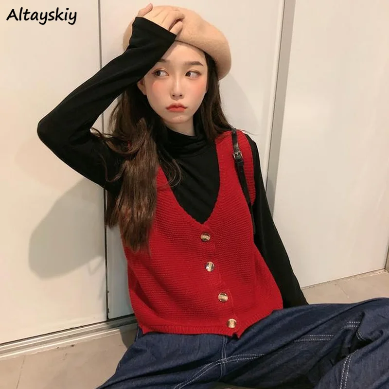 

Women Solid Sweater Vests V-neck Single Breasted Leisure Trendy Elegant All-match Crop Tops Temperament Ulzzang Lovely Jumpers