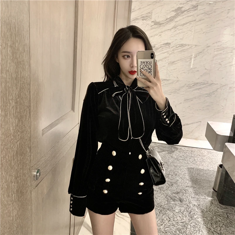 Модный костюм женский осенний и зимний галстук-бабочка с бархатной курткой