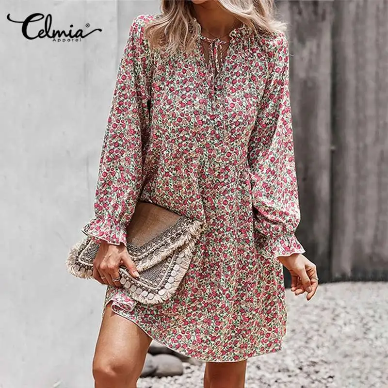 

Women Fashion Floral Print Mini Dress Celmia Autumn Elegant Bandage V-neck Short Robes Casual Loose Long Flare Sleeve Vestidos