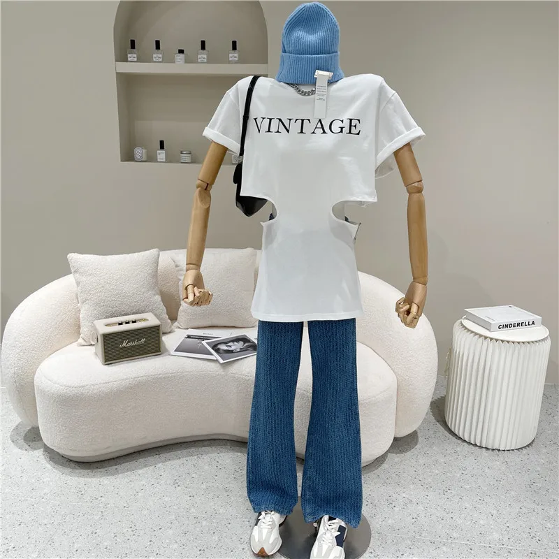 

Women's Spring Summer 2021 Fashion Personality Irregular Letter hole T-shirt