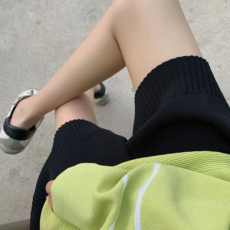 

Women Knit Shorts High Waist Summer Straight Cut Wide Waistband Loose Pants -OPK