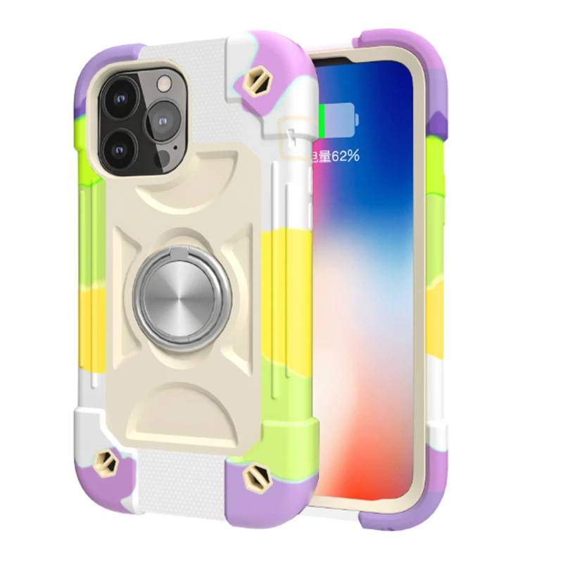

DIY Hybrid Armor Bumper Phone Case For iPhone 13Pro MAX 12 11 XS Max 7 Plus Rugged Colorful Shockproof Ring Holder PC Hard Cover