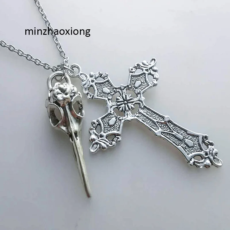 Крест и череп птицы ожерелье с подвеской в виде головы подвески Цепи Wicca