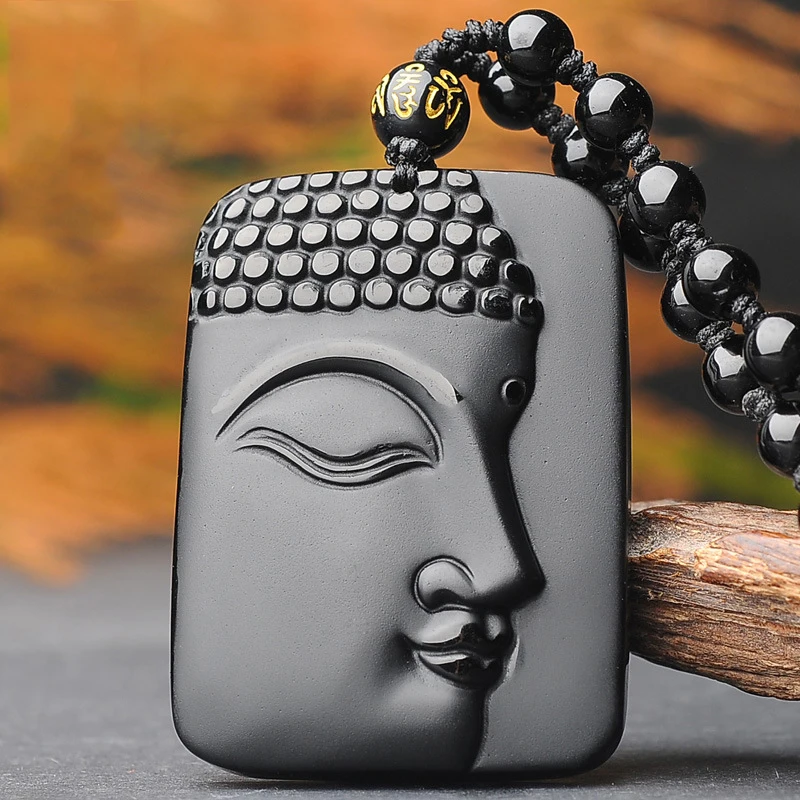 

Fashion Pendant For Men With Chain Natural Stone Obsidian Carved Side Buddha Head Pendant Beads Necklace Jewelry Women Gift
