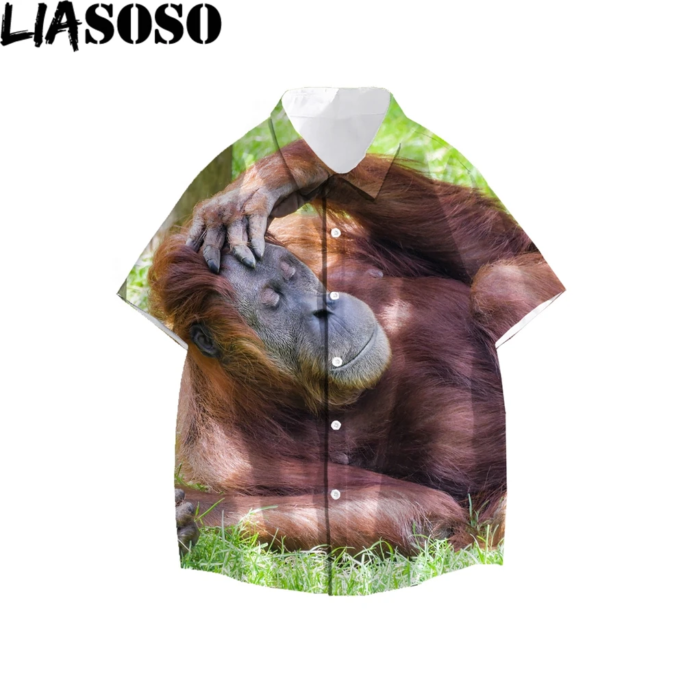 

LIASOSO Orangutan Animal 3D Print Men Women Shirt Summer Beach Loose Buttons Top Oversized Comfortable Loose Funny Interesting