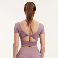 sexy backless yoga shirt gym quick dry breathable short sleeve sport slim t shirt running jogging tops with removable padded%c2%a0