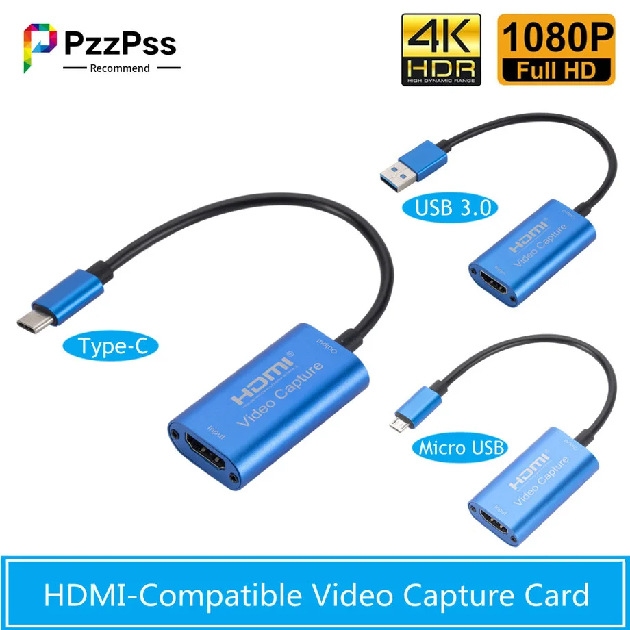 

PzzPss HD 1080P HDMI-Compatible To Type-C / Micro USB / USB3.0 With Line Video Capture Card Game Record Live Streaming Broadcast