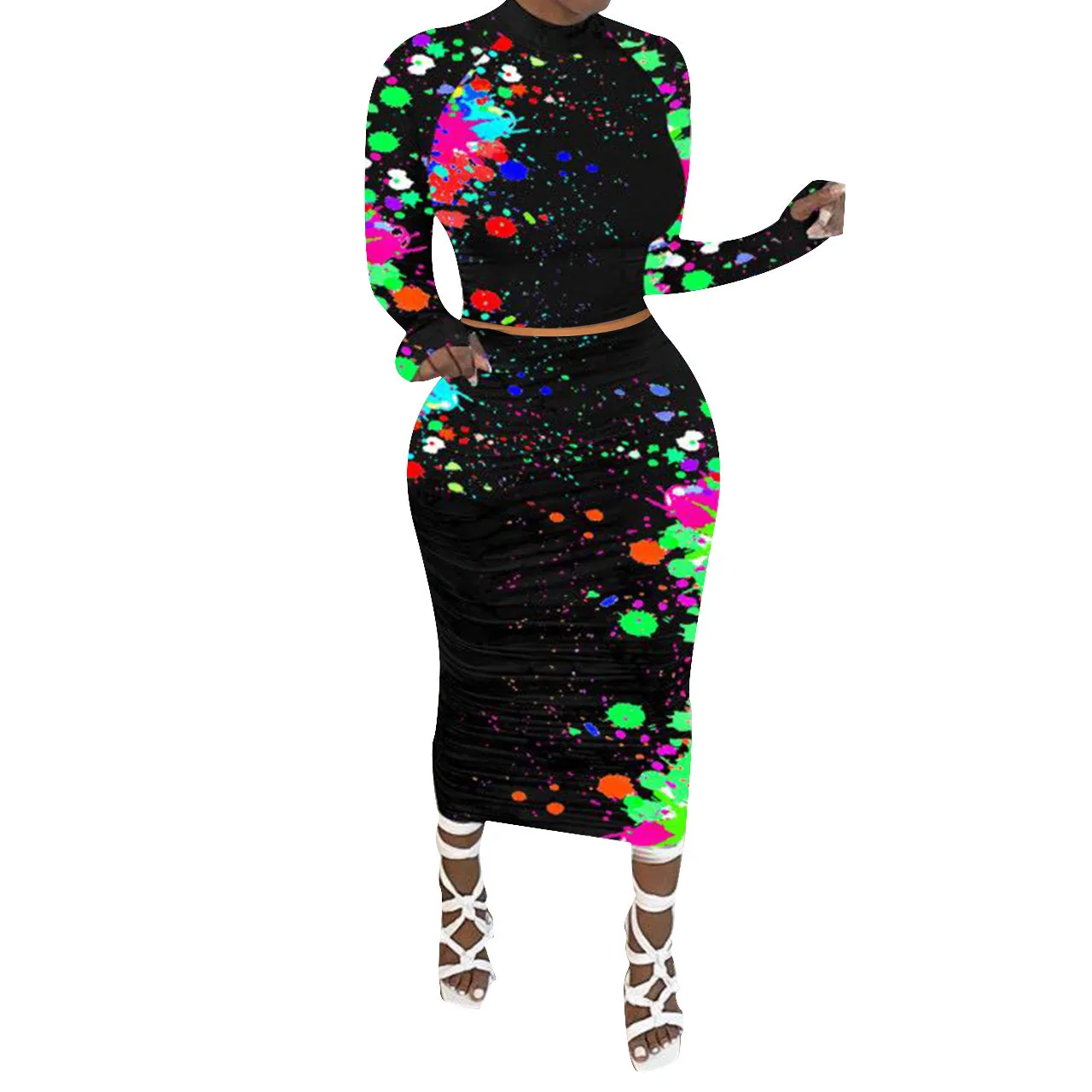 

Galaxy Painting Print Skirts Suit Long Sleeve Crop Top Bodycon Midi Maxi Skirts Suit Women Set Sexy Club Party Pencil Long Dress