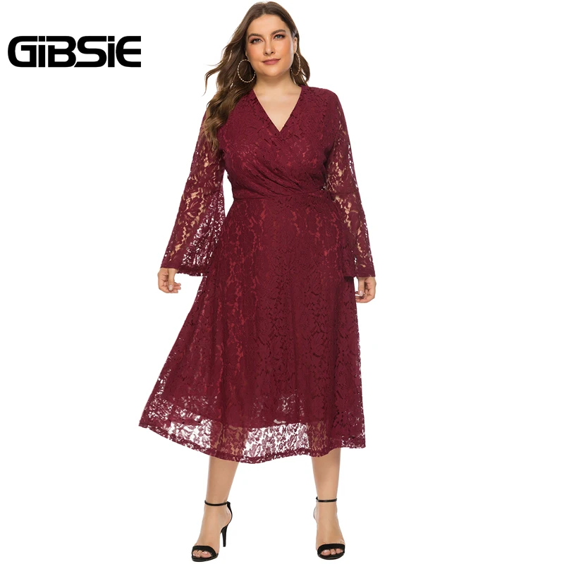 Женское длинное кружевное платье GIBSIE Бордовое с запахом и v образным вырезом