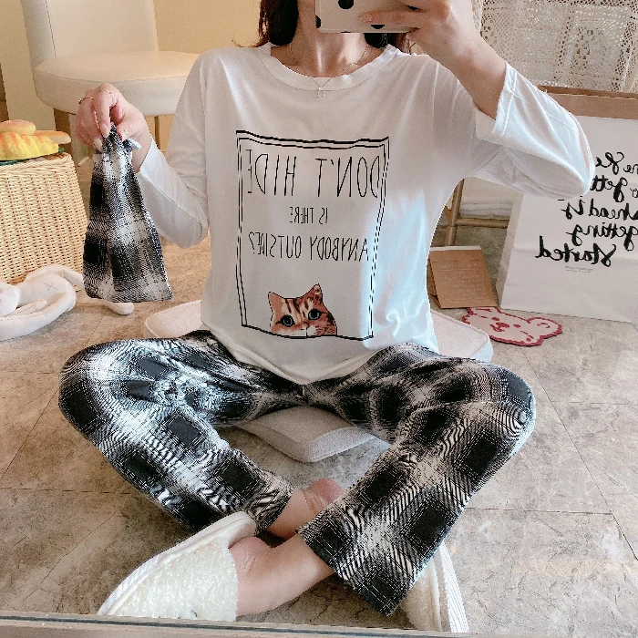 Повседневная Домашняя одежда футболка с длинными брюками Женская для сна пижама