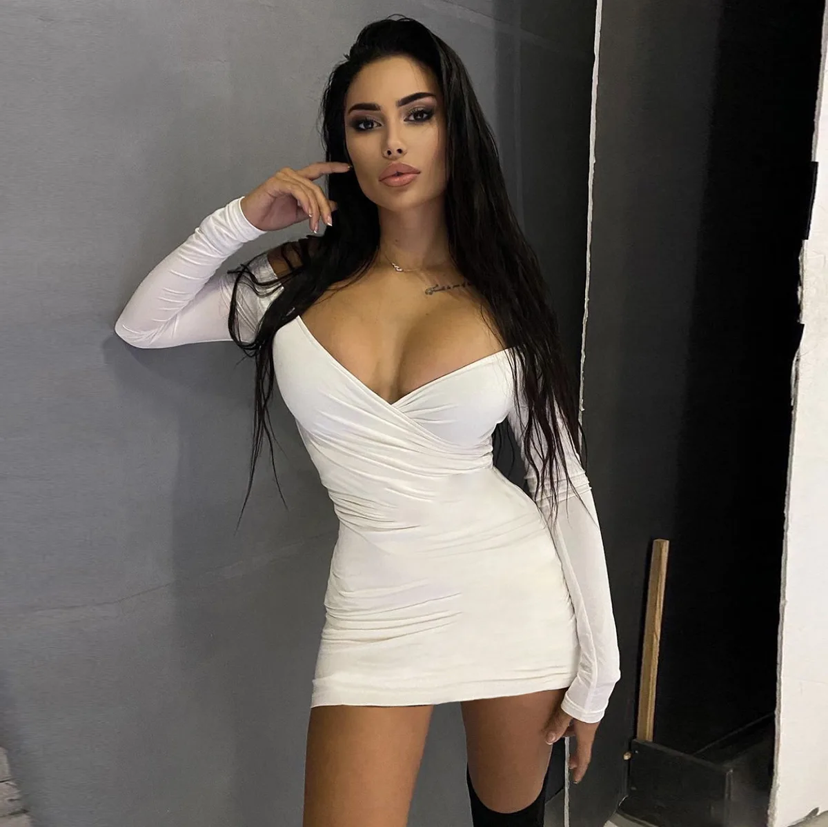 

Cryptographic Spring Fashion Off Shoulder Sexy Wrap Dresses Bodycon Club Party Outfits Long Sleeve Mini Dress Birthday Vestidos