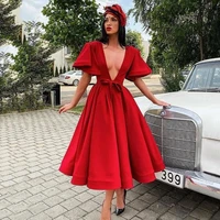 uzn red short evening dress deep v neck puff sleeves pleated evening gown saudi arabia party dress custom made