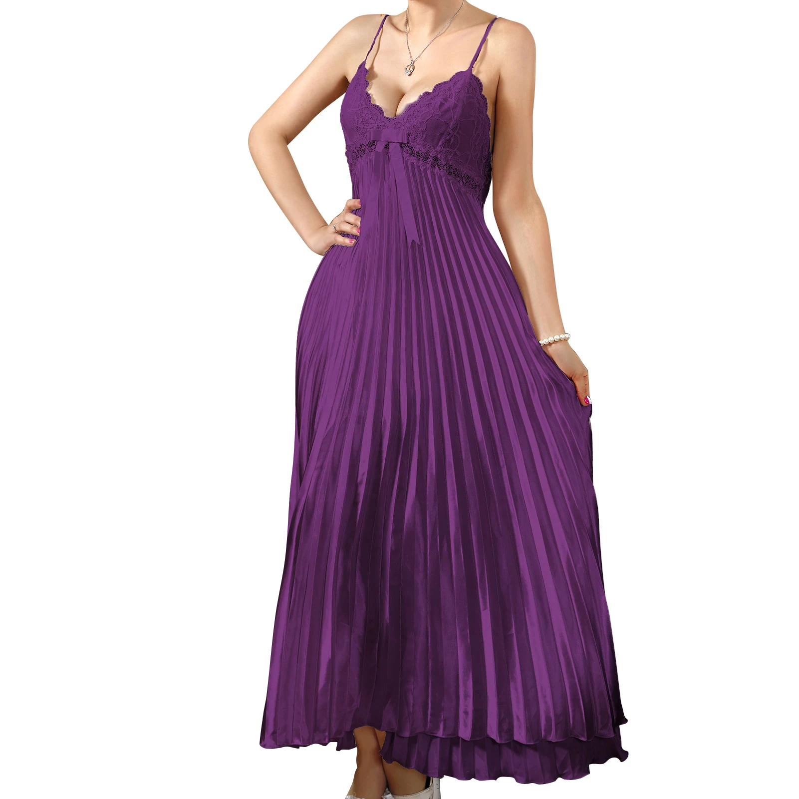 

Women Lingerie Satin Lace Chemise Nightgown Sexy Full Slips Sleepwear