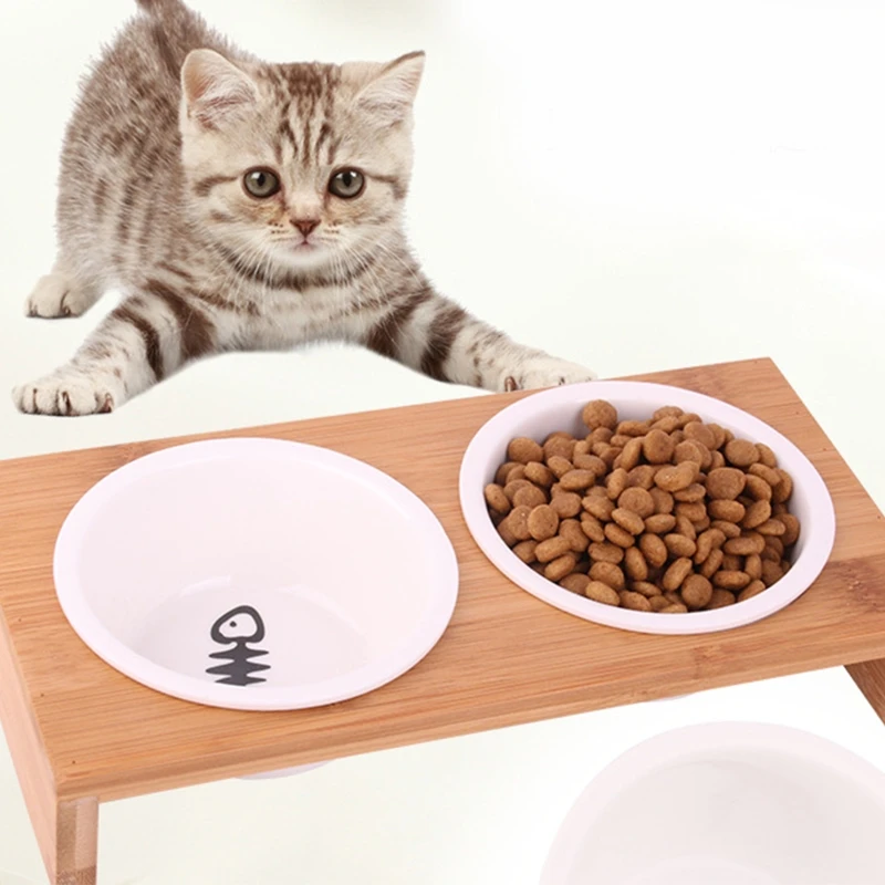 

Elevated Pet Bowls, Raised Dog Cat Feeder Solid Bamboo Stand Ceramic Food Feeding Bowl Cats Puppy