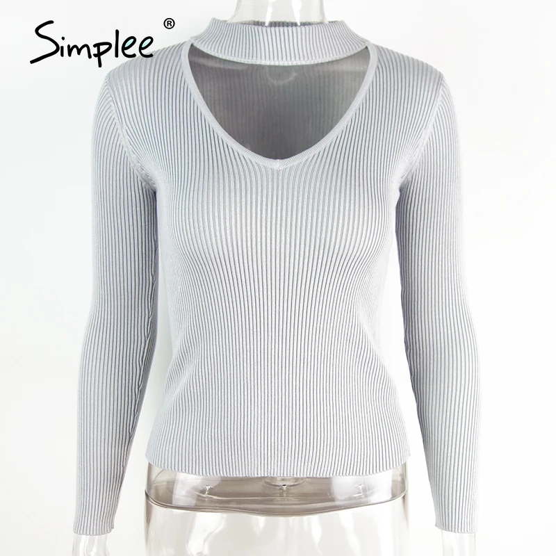 Simplee Slim halter knitted sweater women tops Autumn winter 2019 green v neck short pullover Casual black jumper pull femme | Женская