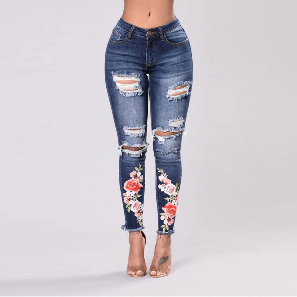 Женские джинсовые брюки карандаш Синие рваные джинсы с вышивкой повседневные