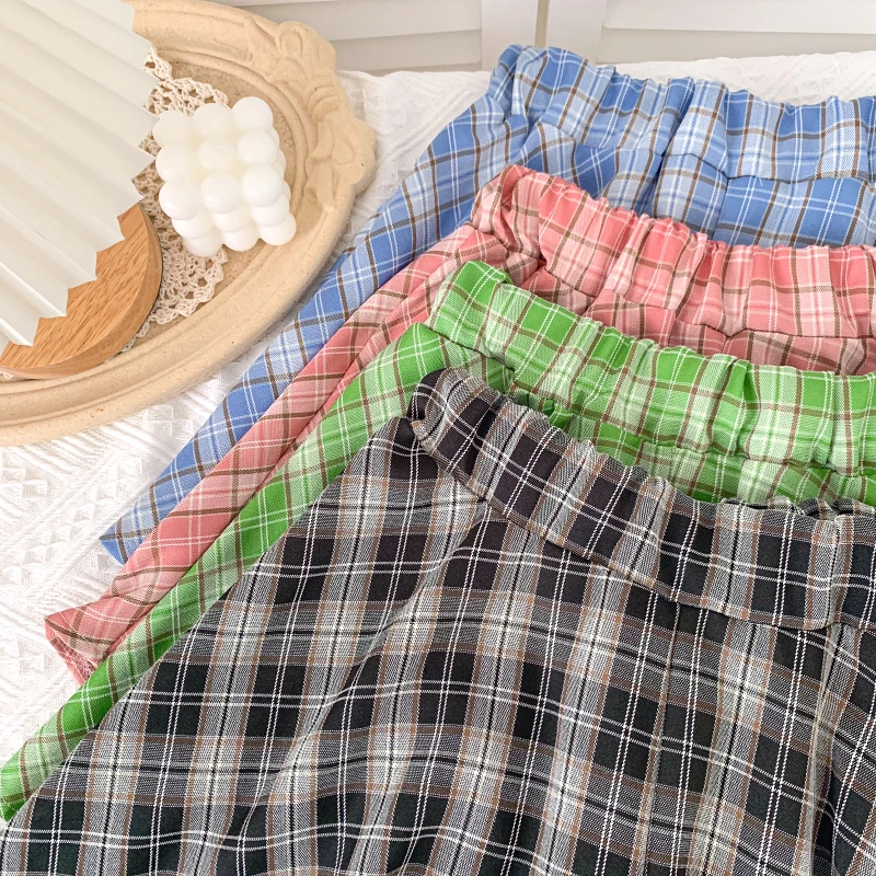 

2021 New Fashion Off Shoulder One Line Collar Pleated Short Top + High Waist Slim Pants Skirt Plaid Two Piece Suit For Women