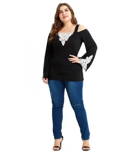 

Women Tshirt Lace Shoulder Tee Splice Long Sleeve Top Harajuku Shirt Korean Gothic Streetwear Shirts Womens Summer Fashion 2020