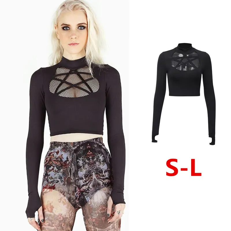 Женская блузка с воротником-стойкой черный кроп-топ в готическом стиле