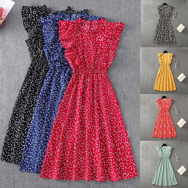 

Платья для женщин в африканском стиле летние небольшой принт в виде сердечек, оборками наряды дамы круглый вырез горловины с оборками, юбка ...