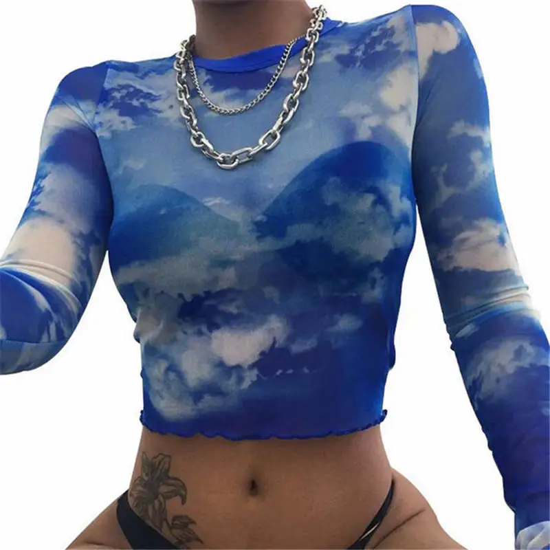 Фото 2020 Blue Sky White Clouds Pattern Printing Sheer Mesh Long Sleeve Crop Top T-shirts Women Sexy Tee Женская одежда 2020 Blue Sky White Clouds Pattern Printing Sheer Mesh Long Sleeve Crop Top T-shirts Women Sexy Tee Женская одежда