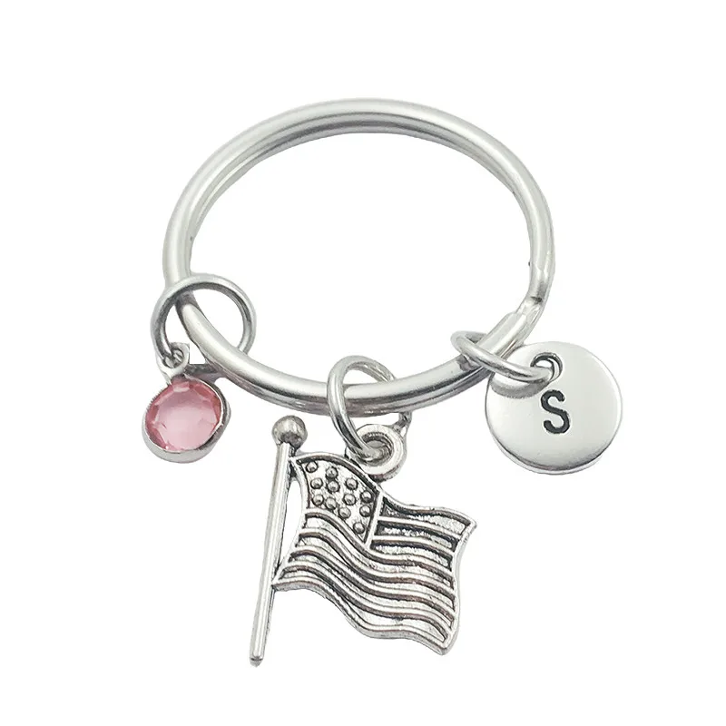 

USA flag American Initial Letter Monogram Birthstone Keychains Keyring Creative Fashion Jewelry Women Gifts Accessories Pendant