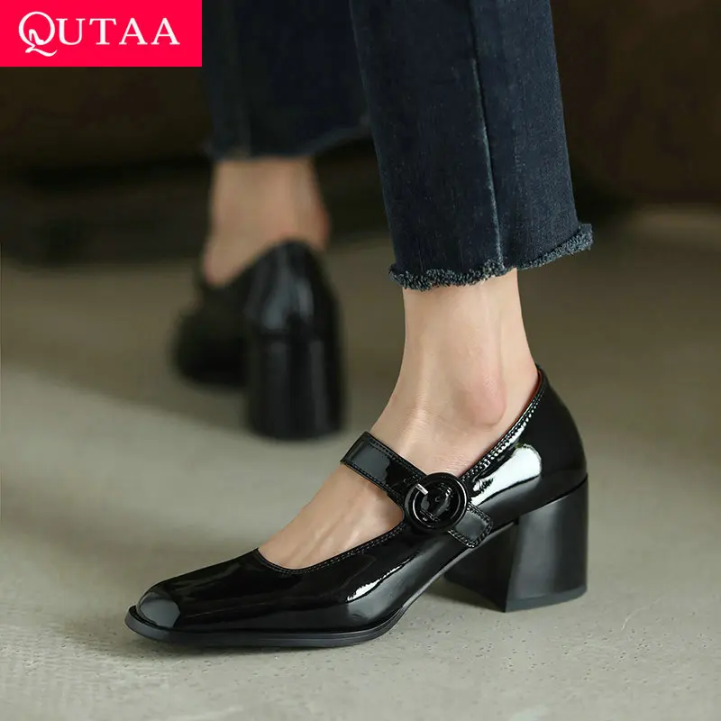 

QUTAA 2021 Square High Heel Patent Summer Basic Female Pumps Platform Round Toe Mary Janes Ankle Strap Women Shoes Size 34-39