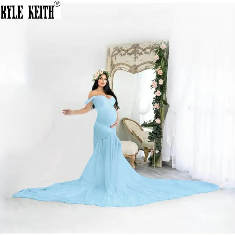 

Maternity Off Shoulder Mermaid Chiffon Gown Maxi Photography Dress Baby Shower Photo Props Clothes Vestido Premama