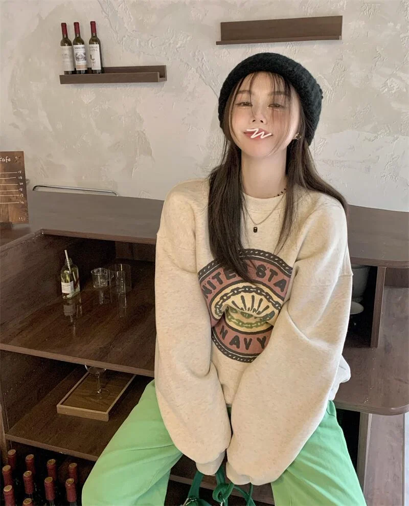 Свитшоты женские зимние в американском ретро стиле новинка 2021 утепленная